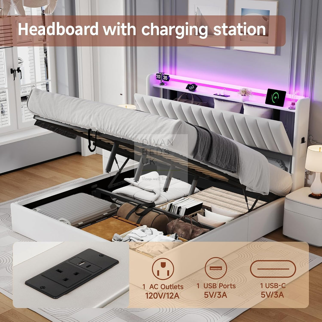 Mauricio White Leather Ottoman Smart Bed with LED Headboard Storage Charging Station, Socket, USB and Type C Port