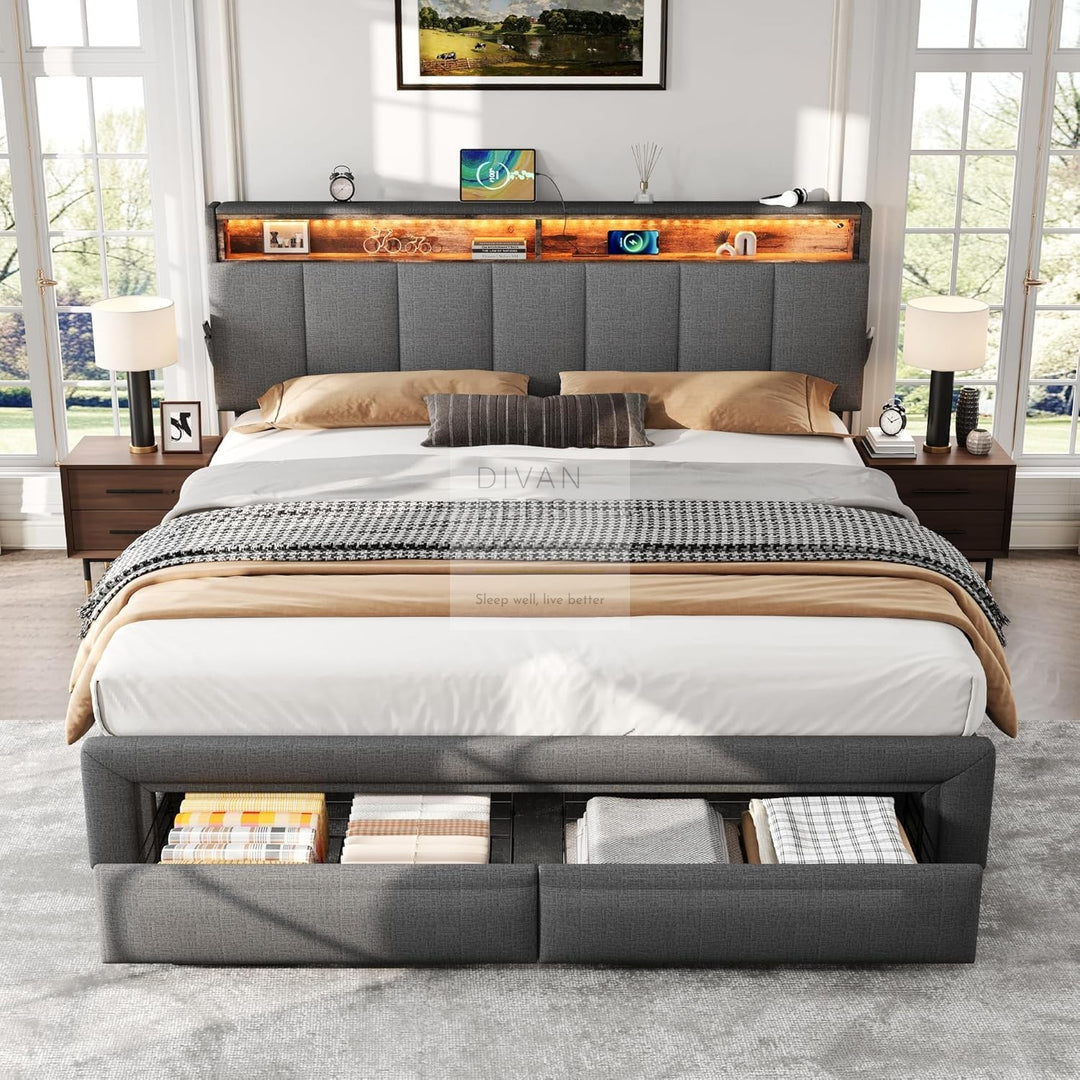 Aarya Charcoal Grey Linen 2 Drawer Ottoman Storage Bed with LED Lights, Type C and USB Charging Headboard Storage Shelf