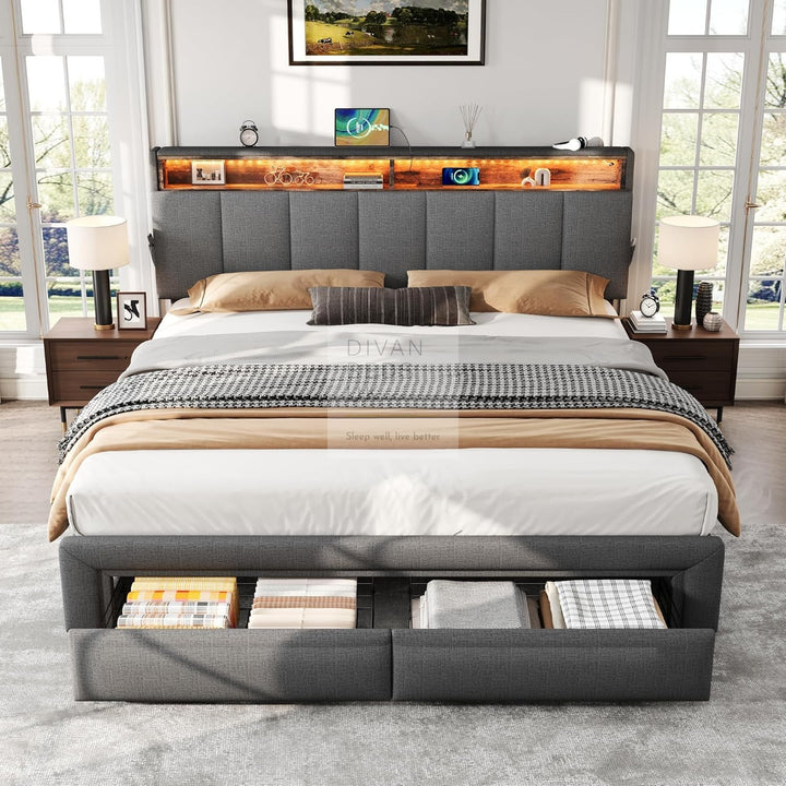 Aarya Charcoal Grey Linen 2 Drawer Ottoman Storage Bed with LED Lights, Type C and USB Charging Headboard Storage Shelf