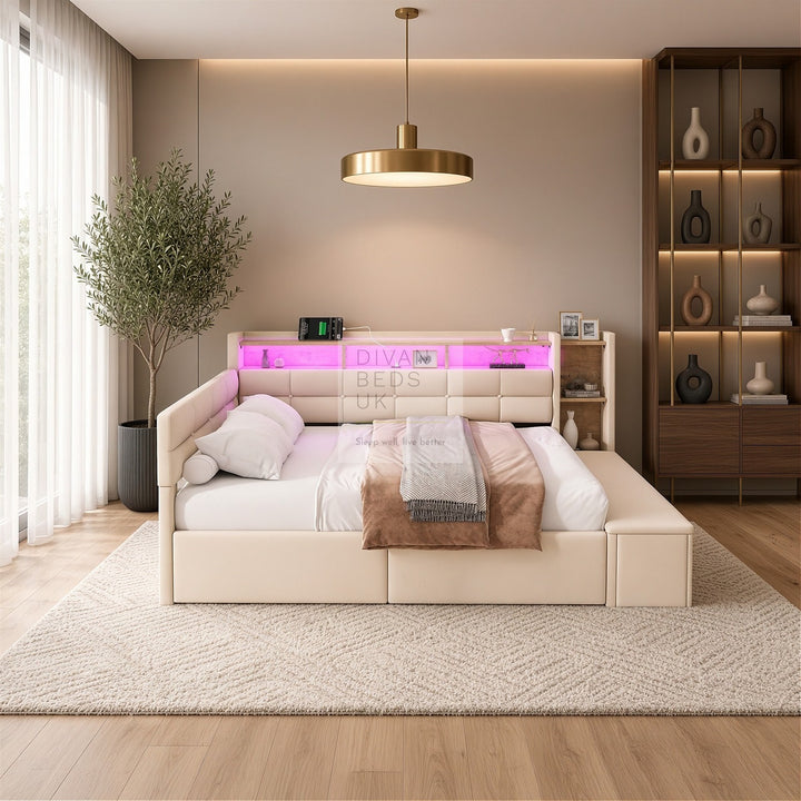 Avayah Beige Linen Smart Daybed Sofa Bed with 2 Drawers, LED Shelves Storage, USB &amp; Type C Charging Station &amp; Storage Box