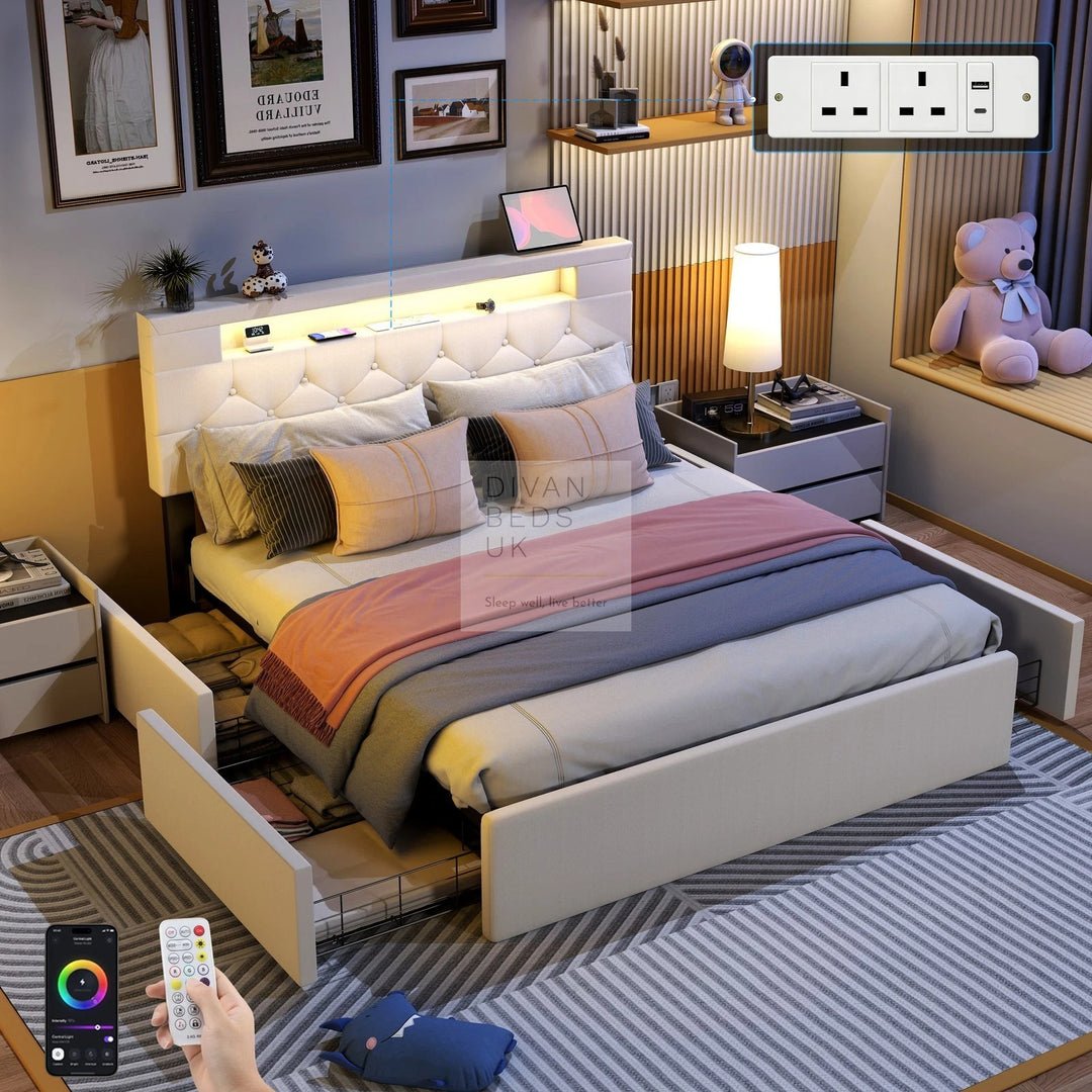 Harmon Beige Linen Smart Bed with 4 Drawer Storage, LED and Charging Station AC Socket, USB, Type C on Headboard Storage Shelf