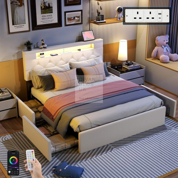 Harmon Beige Linen Smart Bed with 4 Drawer Storage, LED and Charging Station AC Socket, USB, Type C on Headboard Storage Shelf