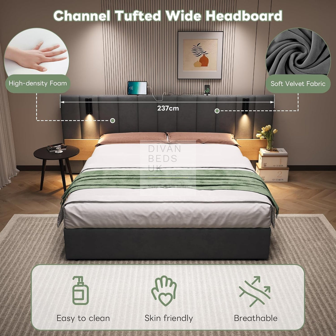 Allegra Oversized Headboard Grey Ottoman Storage Bed with Integrated Bedside Shelves, Power Outlets, USB & Type C Ports