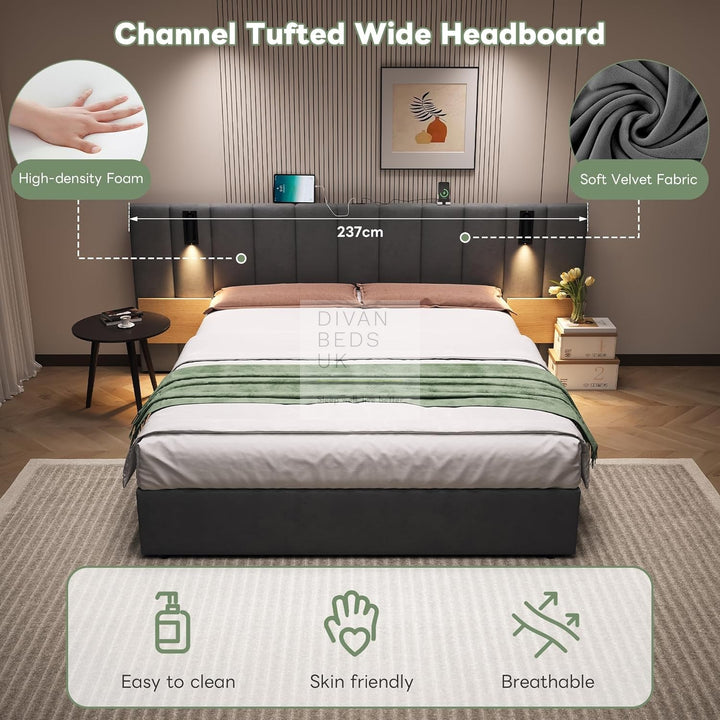Allegra Oversized Headboard Grey Ottoman Storage Bed with Integrated Bedside Shelves, Power Outlets, USB & Type C Ports