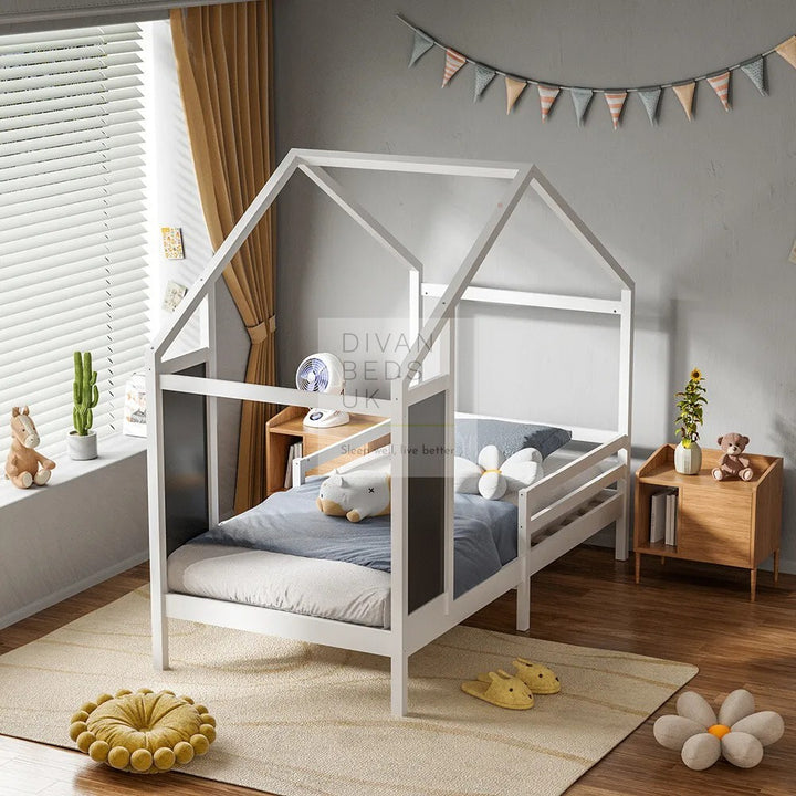 Pamina White Treehouse 3ft Single Bed Wooden with Blackboard & Canopy Kids Sleeper Pine House Low Childs