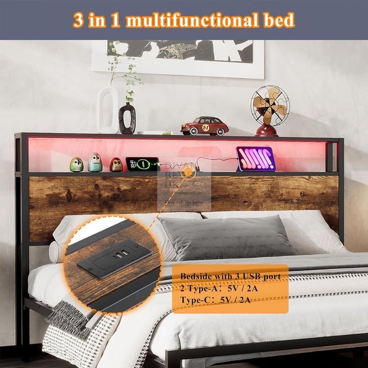 Henry Metal Divan Bed with End Drawers with Smart LED Lights, USB & Type-C Charging Station