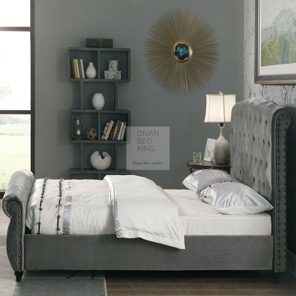 Gabrielle Grey Pewter Velvet Velour Bed Frame