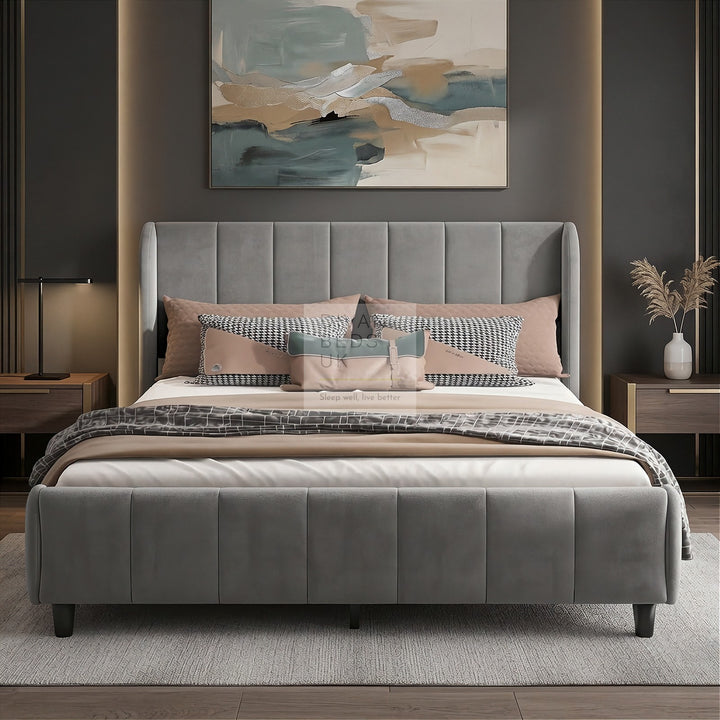 Benicio Grey Velvet Luxury Wingback Curved Upholstered Bed Frame