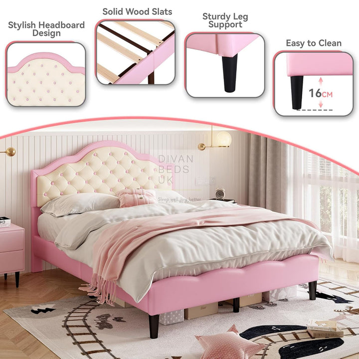 La Ville Rose Chesterfield Pink Beige Plush Bed Frame with Adjustable Headboard
