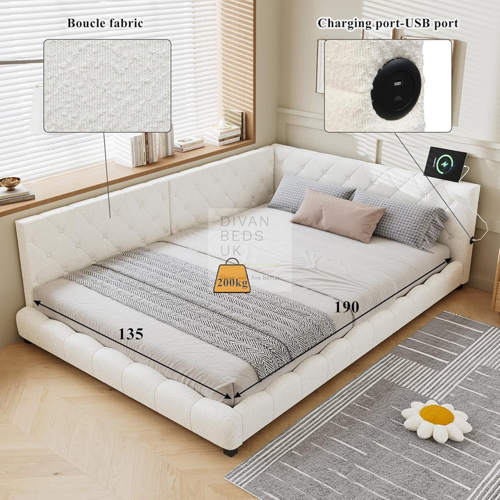 Imani Soft Boucle Beige Fabric Low Smart Sofa Bed with USB & Type C Charging Station