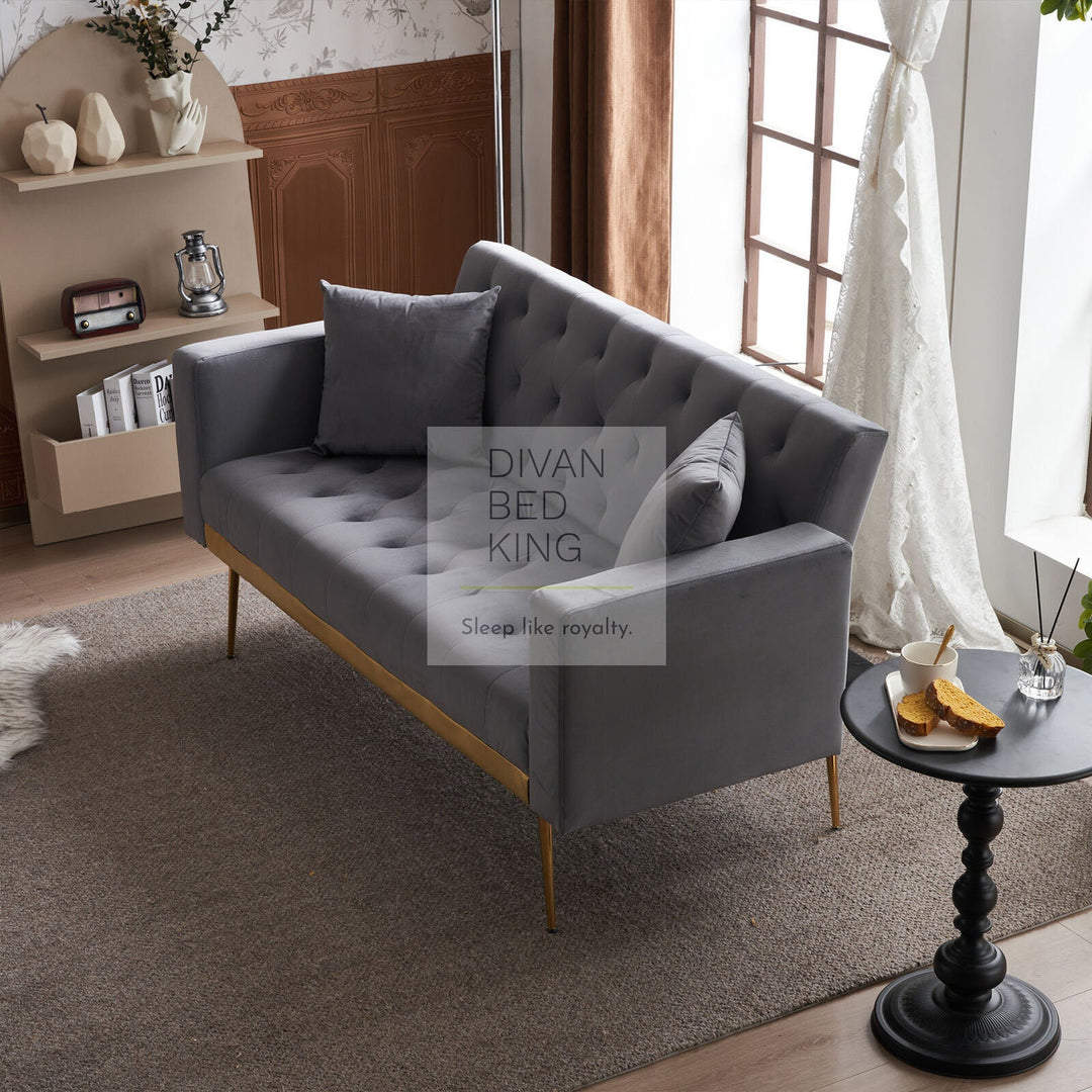 Parisa Grey Velvet Velour 2 Seater Sofa Bed with Gold Metal Legs