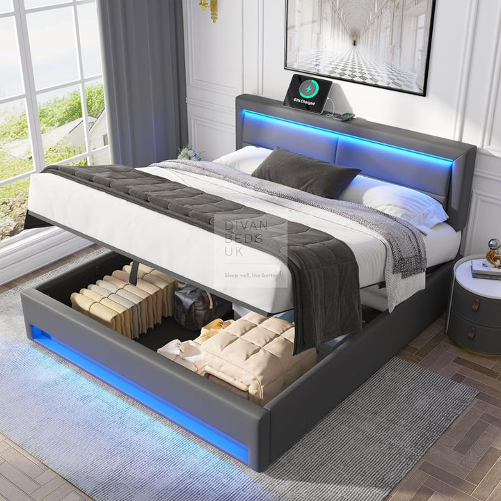 Iris Grey Leather Smart Ottoman Bed with LED Lighting, Type C, USB and Wireless Charging