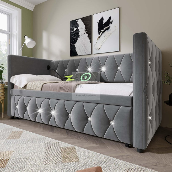 Taranto Grey Velvet Diamante Crystal Smart Daybed Sofa Bed Couch with Trundle, Charging Station, USB & Type C Ports