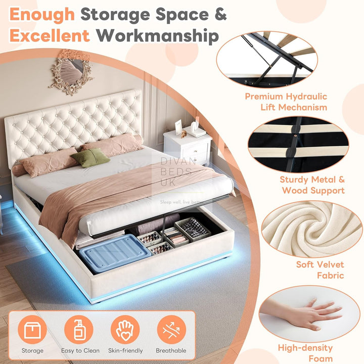 Clara White Beige Velvet Ottoman Storage Bed with Recessed LED Lighting & Adjustable Headboard