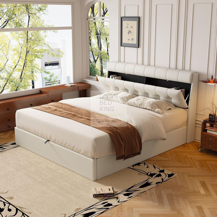 Carmine Cream Beige Leather Ottoman Storage Bed with Headboard Storage