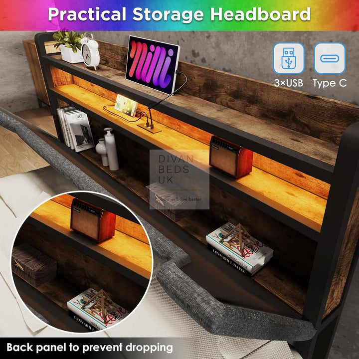 Cagliari Charcoal Grey Linen 2 Drawer Storage Bed with LED Lights, Type C and USB Charging Headboard Storage Shelf