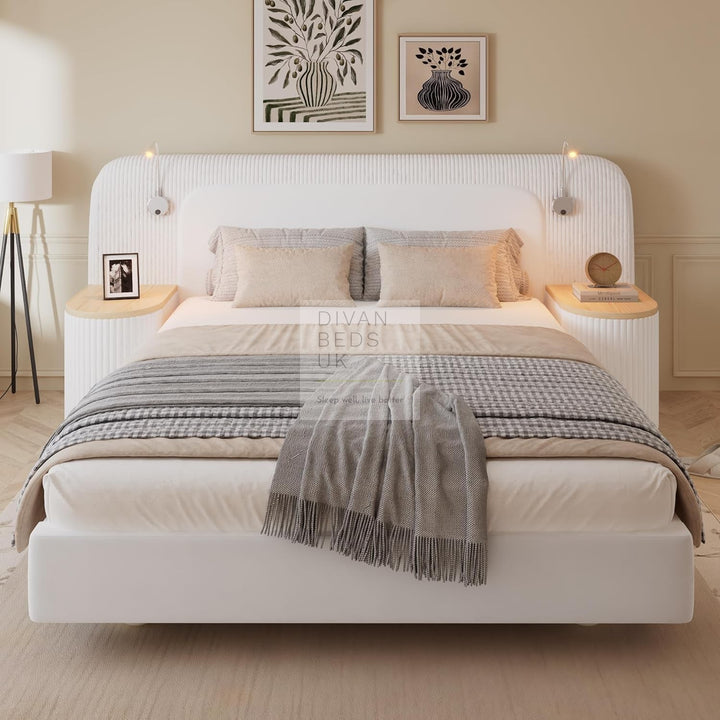 Nuragas Oversized Headboard Beige Velvet Bed Frame with Integrated Lighting & 2 Bedside Tables