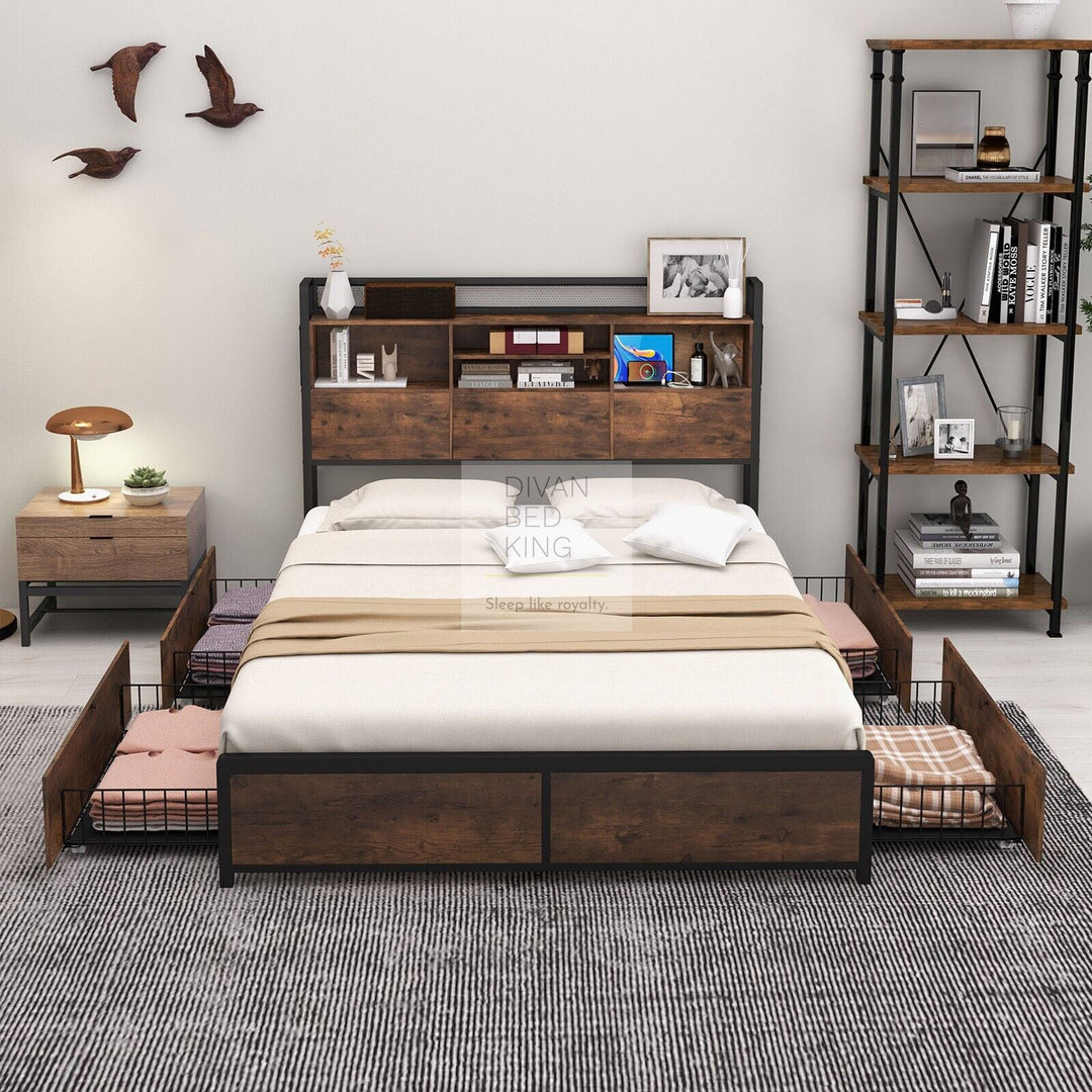 Henry Metal Divan Bed with 4 Drawers with Headboard, Shelves, Sockets and Charging Station