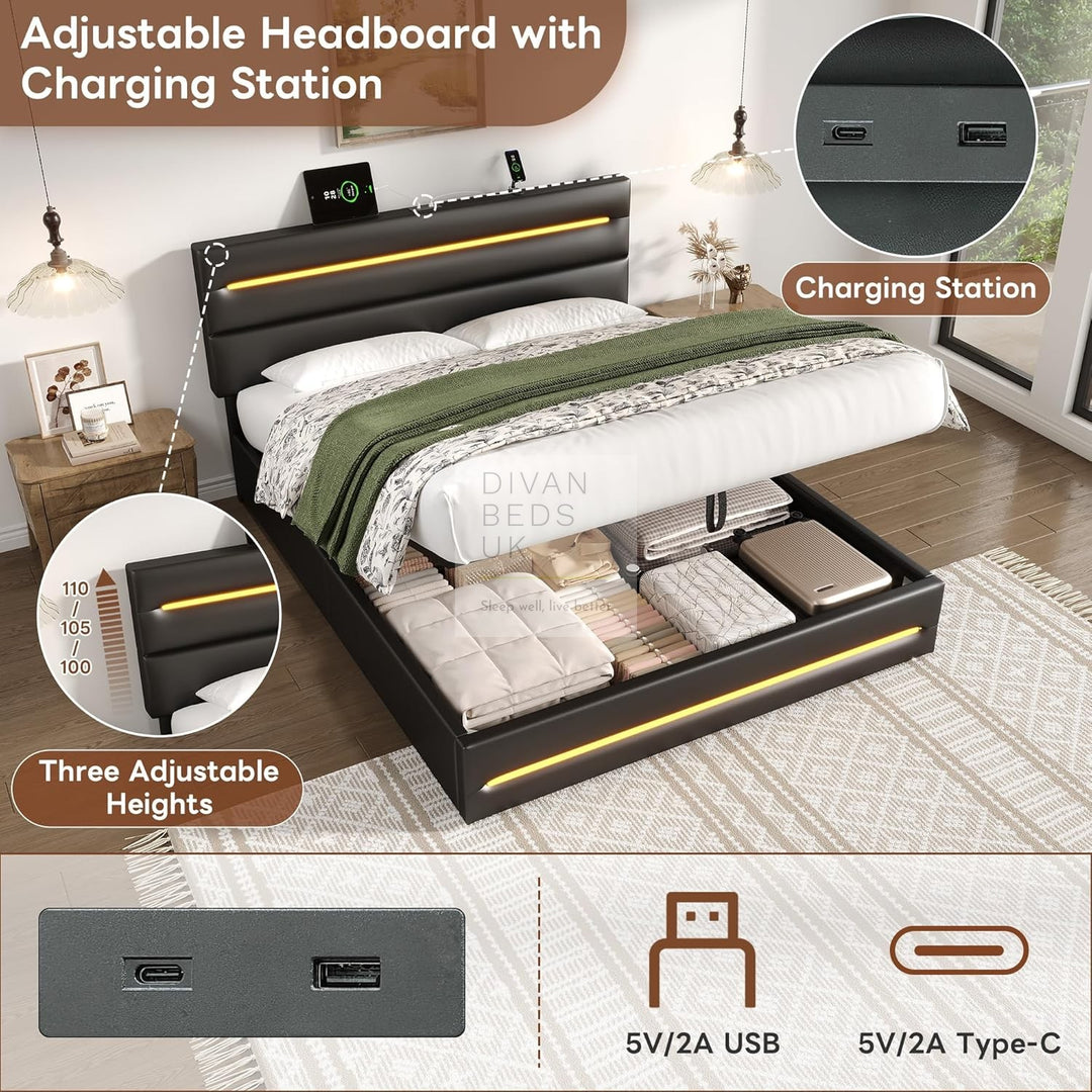 Desulo Black Leather Smart Ottoman Bed with LED Lighting, Type C, and USB Charging