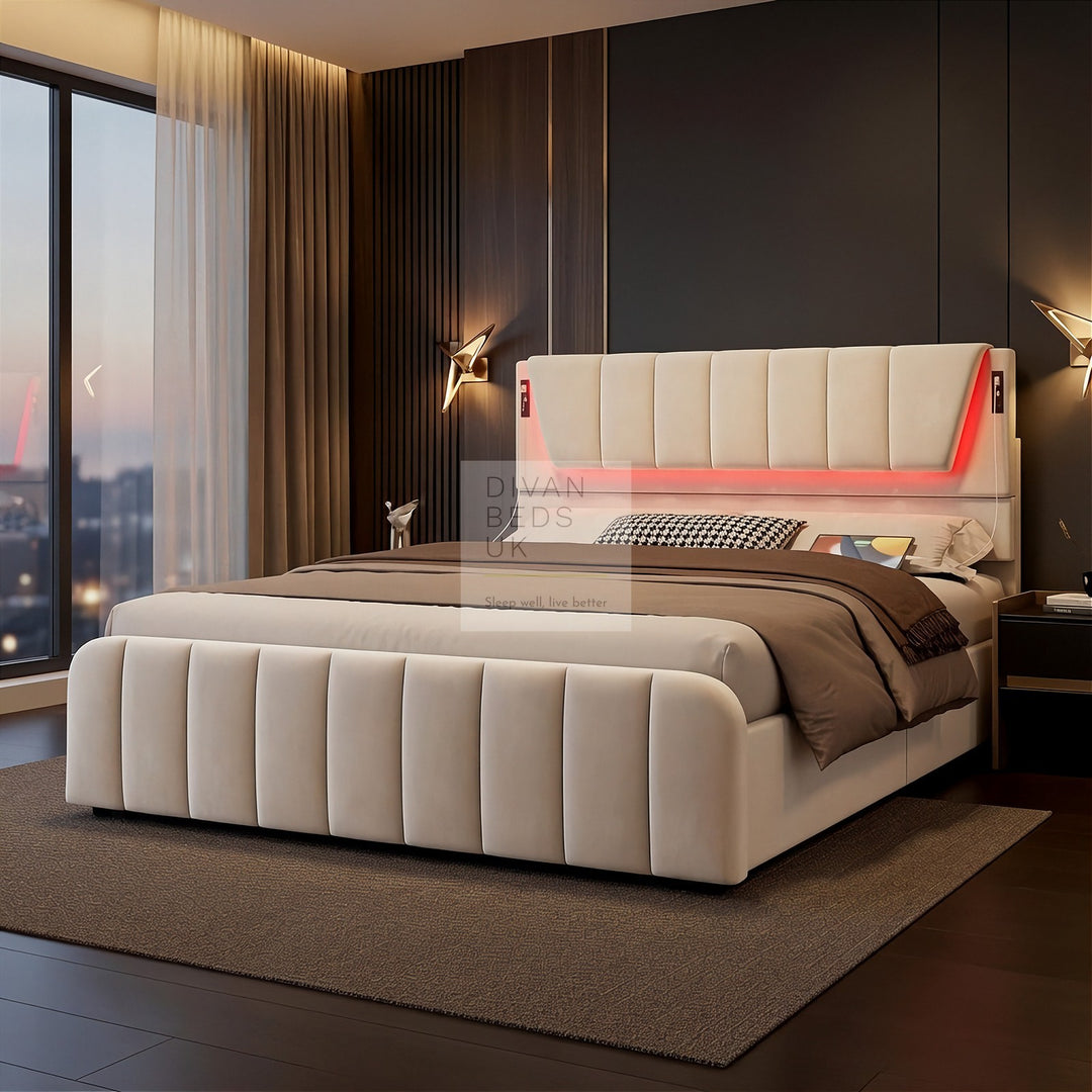 Kamari Ottoman Storage Beige Plush Velvet Smart Bed with with LED Lights, USB and Type-C Charging