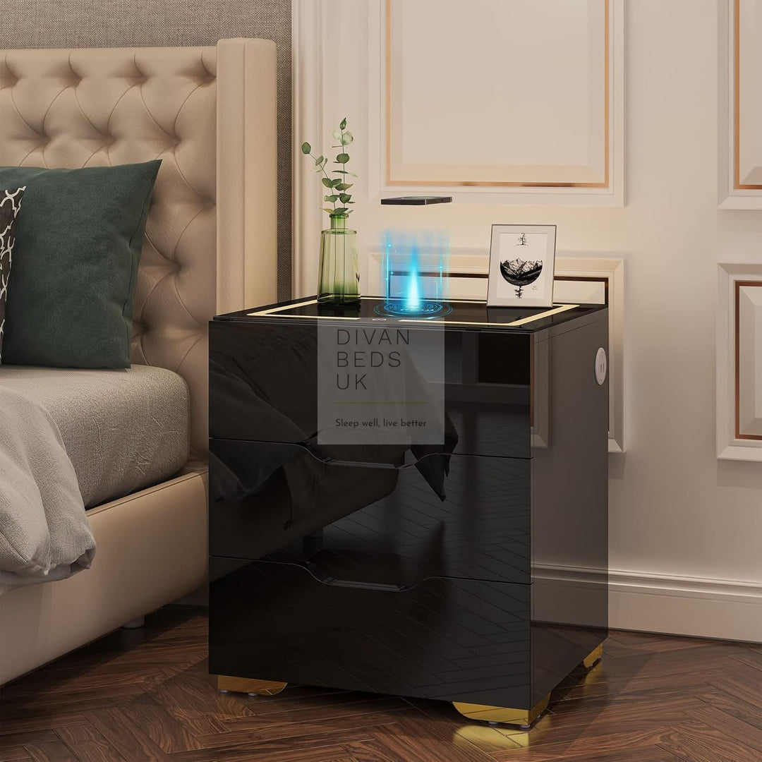 Barrera 3 Drawer Black High Gloss Smart LED Bedside Table with USB and Wireless Charging