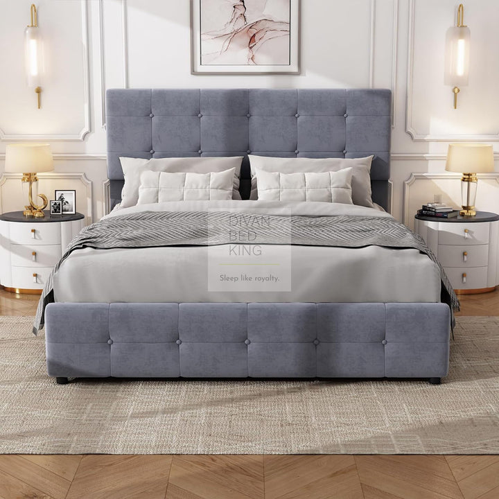 Serava Grey Plush Velvet 4 Drawer Bed with Adjustable Headboard