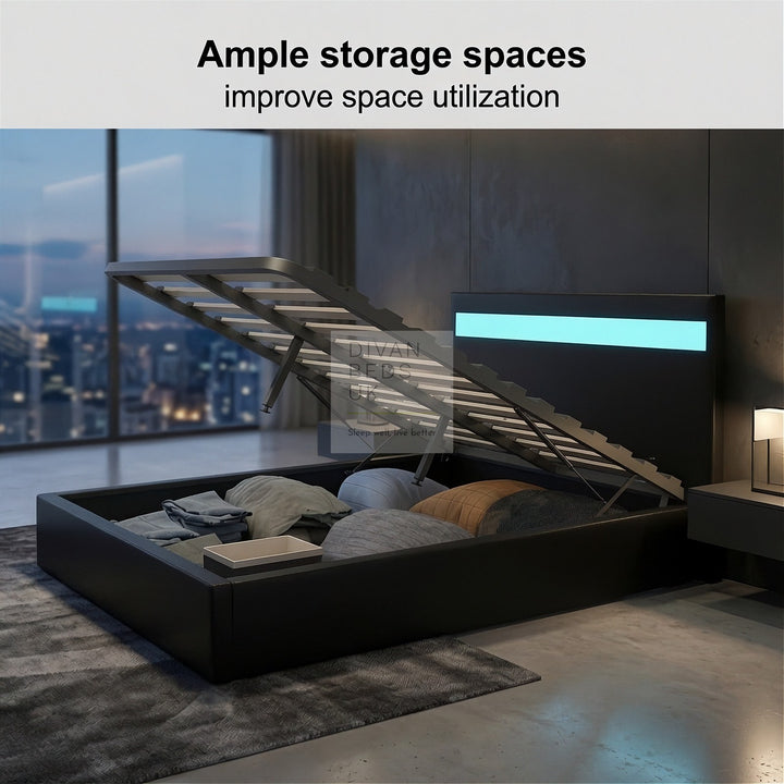 Pia Black Leather LED Ottoman Gas Lift Storage Bed