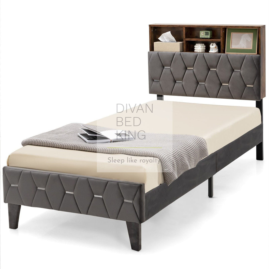 Vangogh 3ft Single Grey Plush Velvet Bed Frame with Headboard Storage Shelves