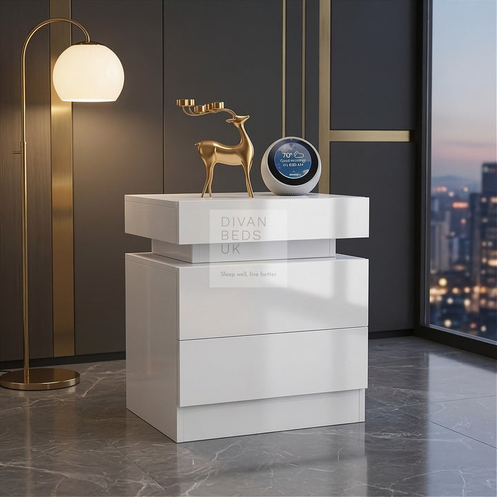 Schneider 2 Drawer White High Gloss Smart LED Bedside Table