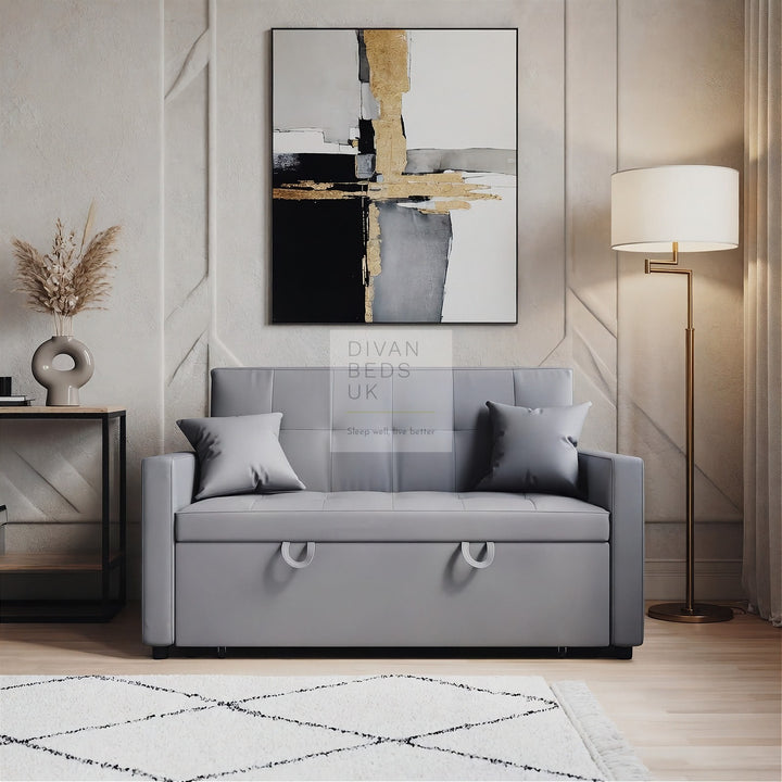 Santana Light Grey Leather Daybed Sofa Bed Couch with Sidepockets & 2 Matching Pillows
