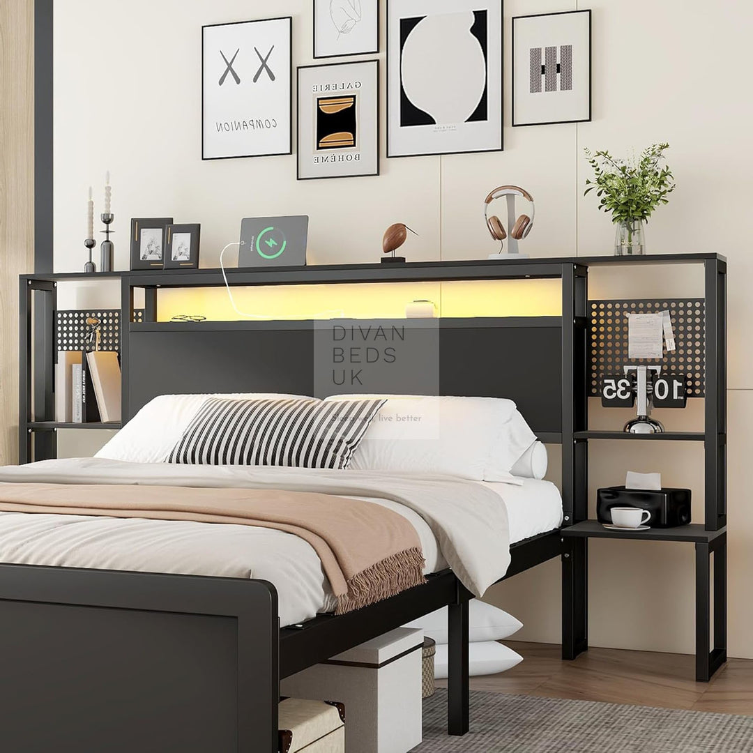 Zentiva LED Black Smart Bed with Integrated Bedside Tables, Charging Station with USB and Type C