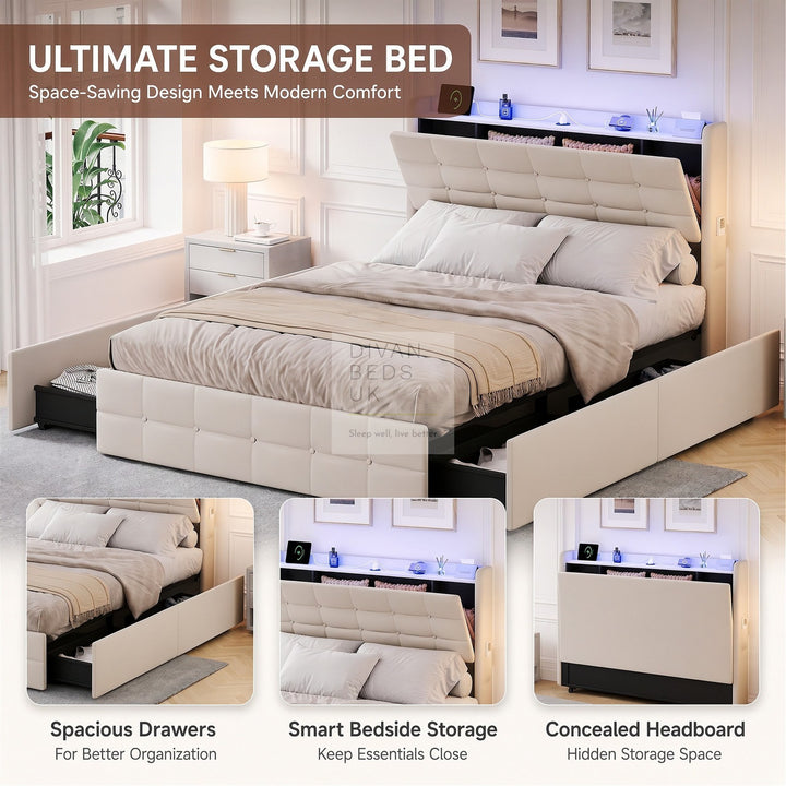 Vicente 4 Drawer Soft Beige Velvet Smart Bed with LED Lights, Type C and USB Charging Adjustable Headboard Shelf