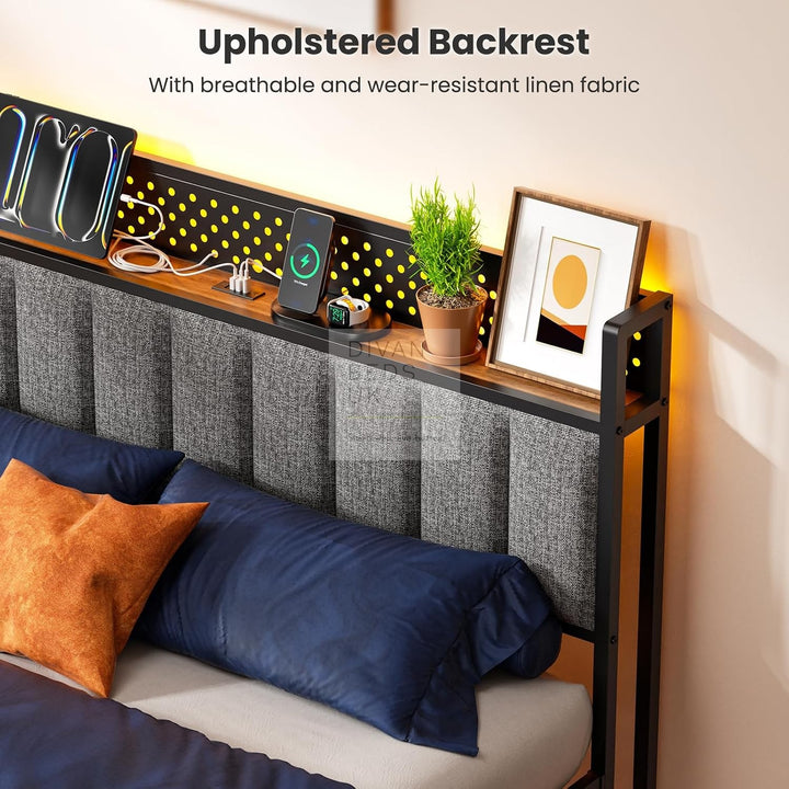 Kamryn Grey Linen Black Metal Smart Bed with Storage LED Lights Headboard Shelf, USB and Type C Charging
