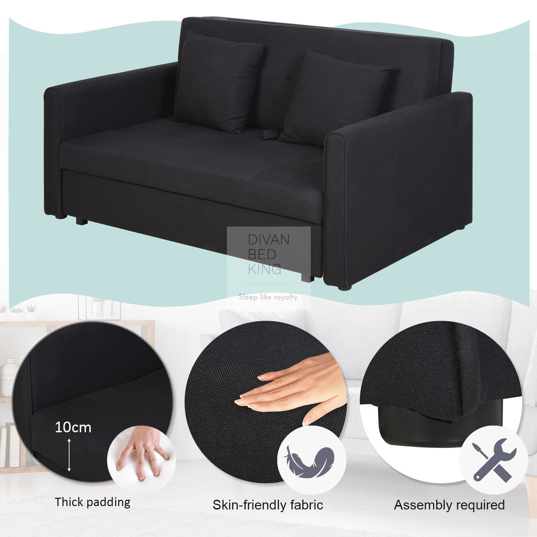 Adamaris 3 in 1 Black Cotton Sofa Bed 2 or 3 Seater with Storage