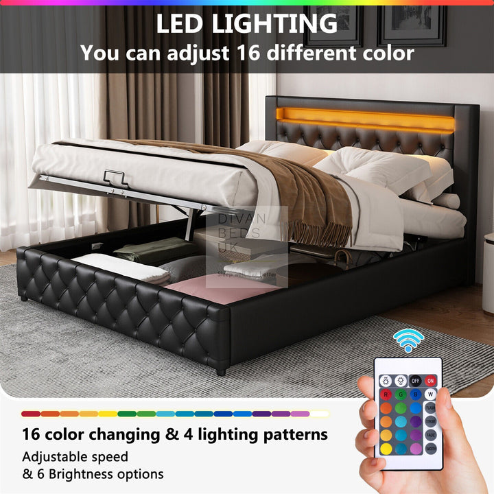 Santiago LED Black Leather Ottoman Storage Bed