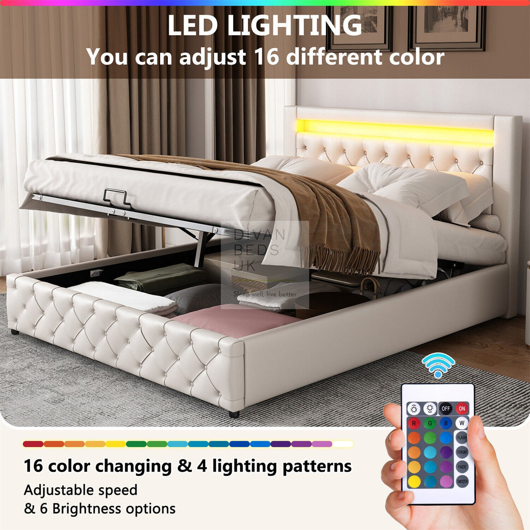 Santiago LED White Leather Ottoman Storage Bed