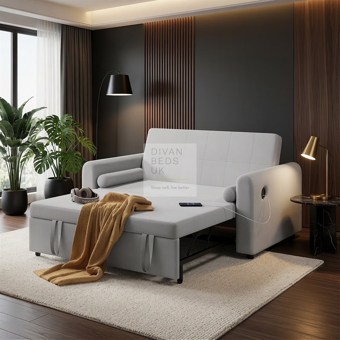 Kimora Grey Linen Smart Daybed Sofa Bed with USB & Type C Charging and Matching Pillows