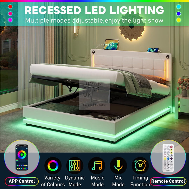 Varese Beige Velvet Ottoman Storage Smart Bed with LED Lighting, Type C and USB Headboard Shelf