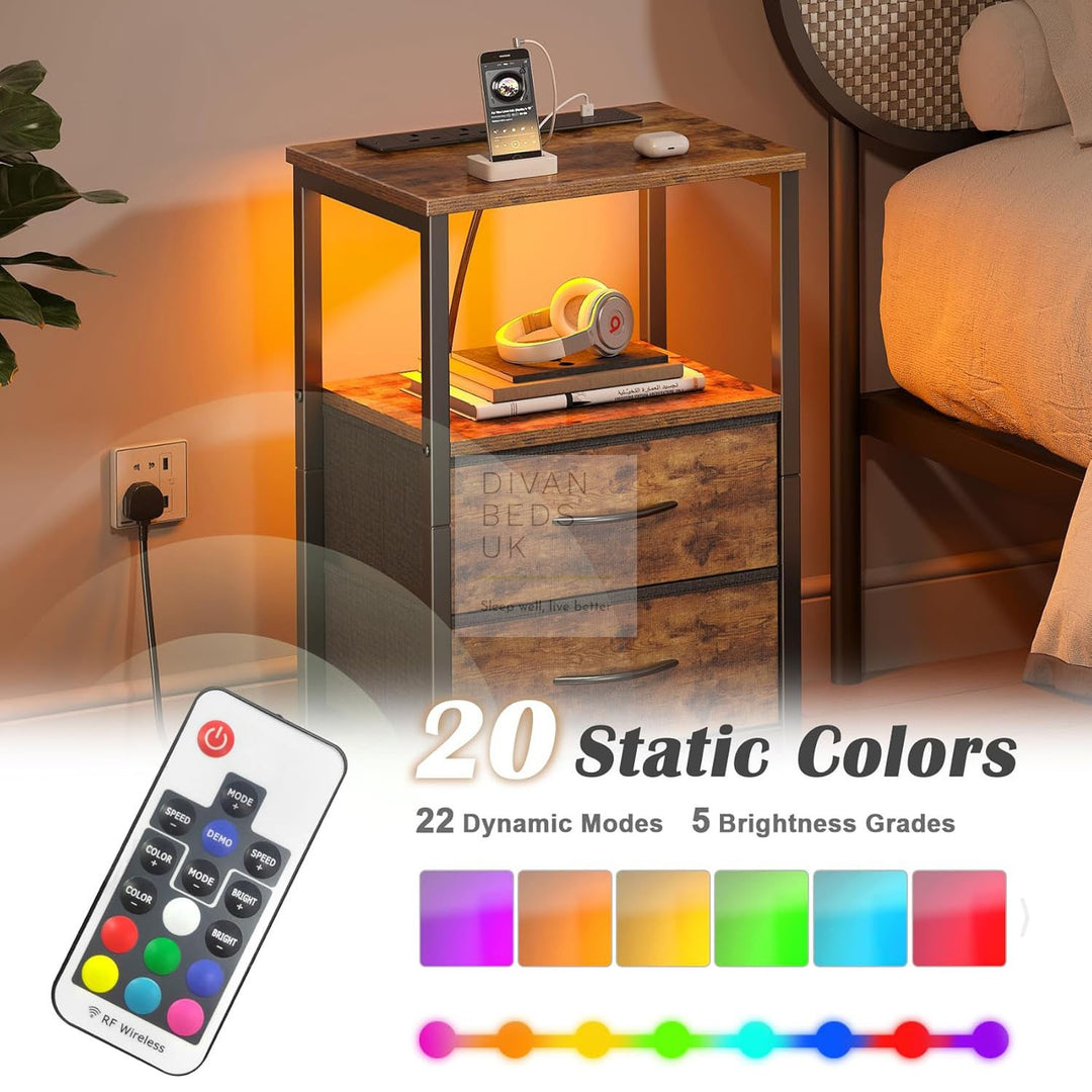 Henry 2 Drawer Rustic Wood and Metal Smart Bedside Table with Shelf