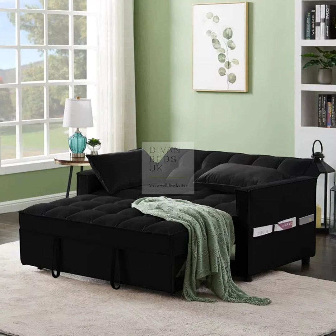 Bolzano Black Plush Velvet 2 in 1 Convertible 2 Seater Daybed Sofa Bed Couch