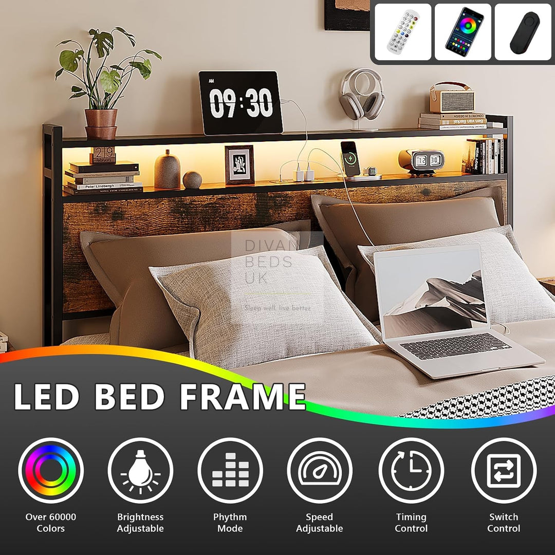 Henry Metal Wooden Hybrid Brown Bed with 4 Drawers with Headboard, LED Reading Lights, Sockets, USB, Type C Charging