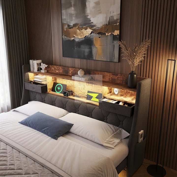 Burton Smart Metal Floating Linen Bed Frame with Grey Padded Storage Headboard, LED Lights, USB, Type C Charging Station