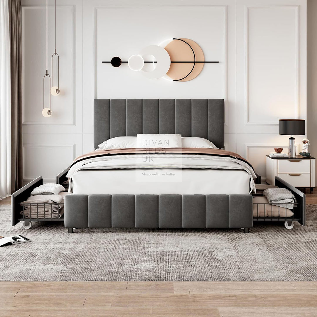 Katalina 4 Drawer Soft Grey Matt Plush Velvet Bed with Adjustable Headboard