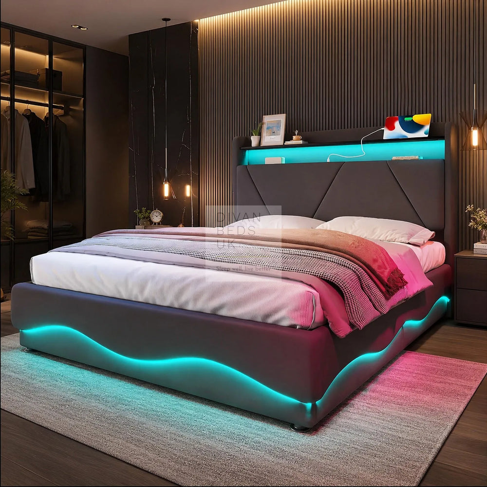 Aviana Wave LED Grey Velvet Ottoman Storage Bed Frame 