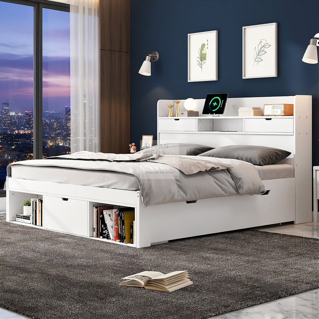 Castaneda White Wooden Smart Bed with 4 Drawers, Power Outlets and USB Ports & Shelves