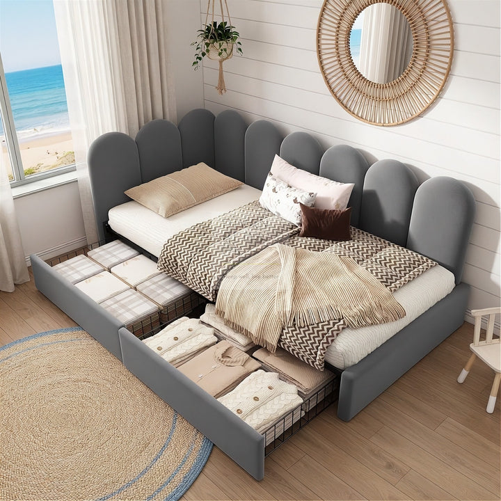 Novara Grey Plush Velvet 2 Drawer Corner 2 Seater Daybed Sofa Bed Couch
