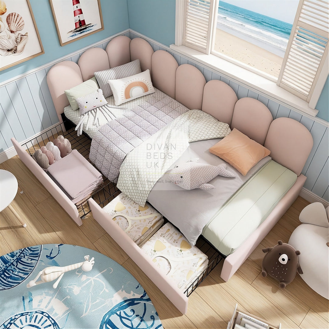 Novara Pink Plush Velvet 2 Drawer Corner 2 Seater Daybed Sofa Bed Couch