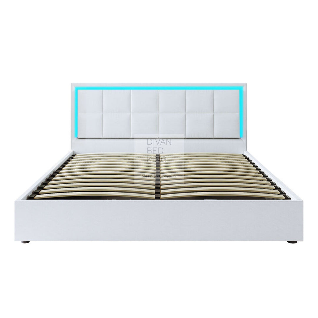 Hiley LED White Leather Ottoman Gas Lift Storage Bed