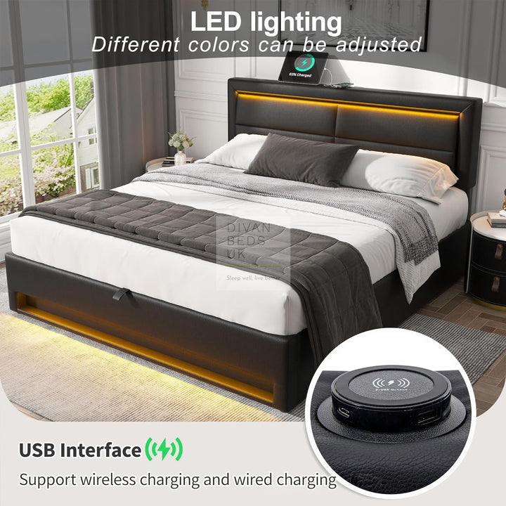 Iris Black Leather Smart Ottoman Bed with LED Lighting, Type C, USB and Wireless Charging