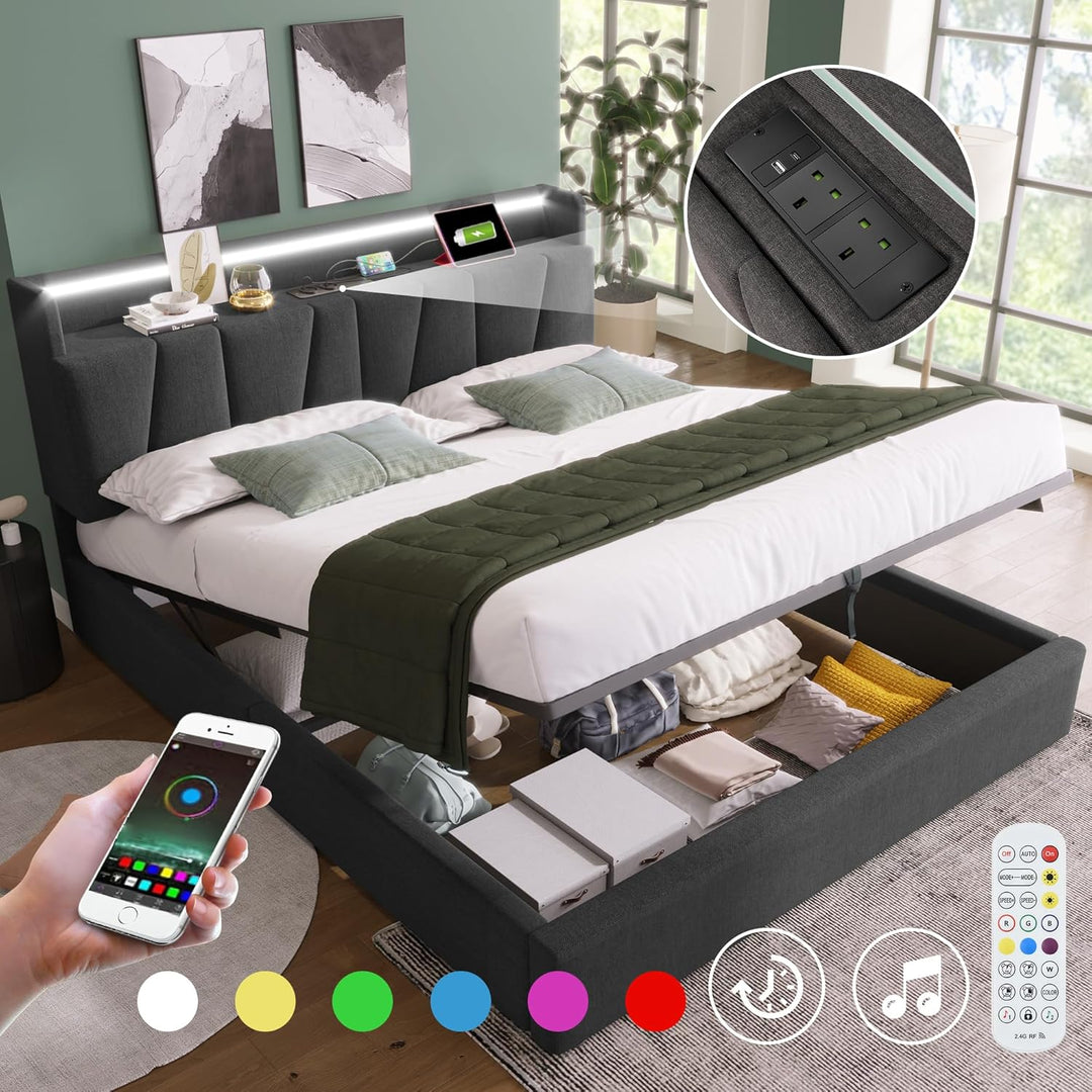 Kyoto Charcoal Linen Ottoman Bed with LED Lights, Power Outlets, Type C and USB Charging Headboard Storage Shelf